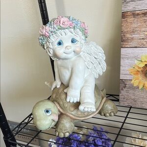 Dreamscicle Angel Figurine on Turtle with Floral Crown